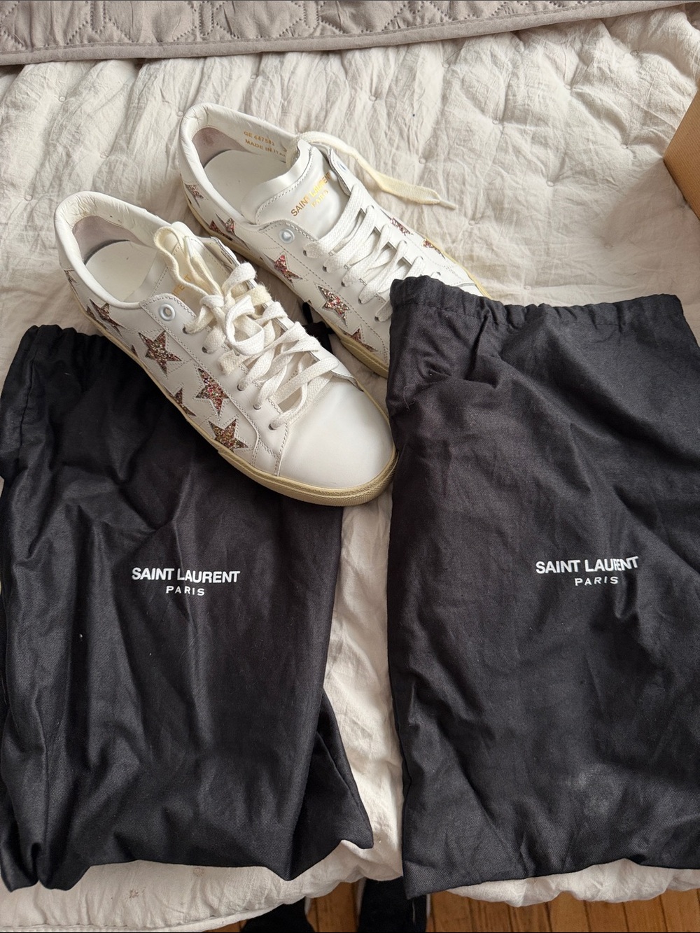 Saint Laurent White Leather Sneakers with Multicolor Glitter Star Accents - Picture 6 of 9